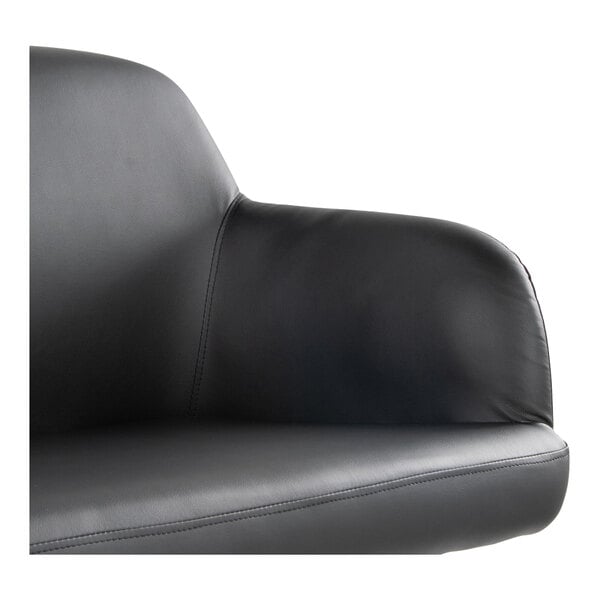 A black faux leather high back bench with armrests and a black steel frame.