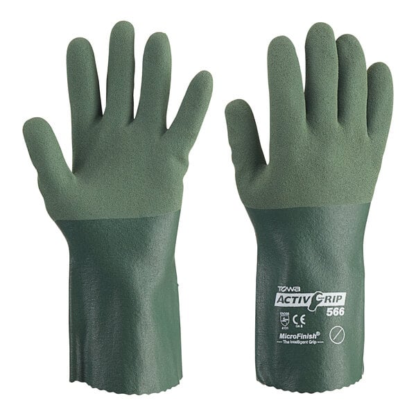 A pair of green nitrile gloves with a polyester and cotton lining, featuring a textured grip and extended cuffs.