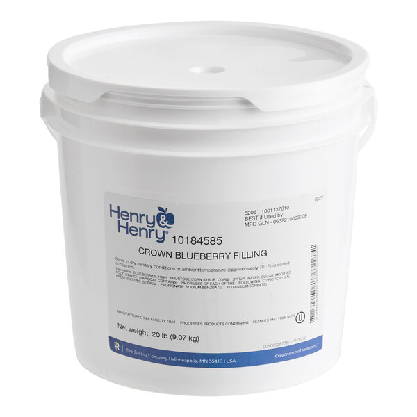 A 20-pound white plastic pail of Henry & Henry Crown Blueberry Filling.