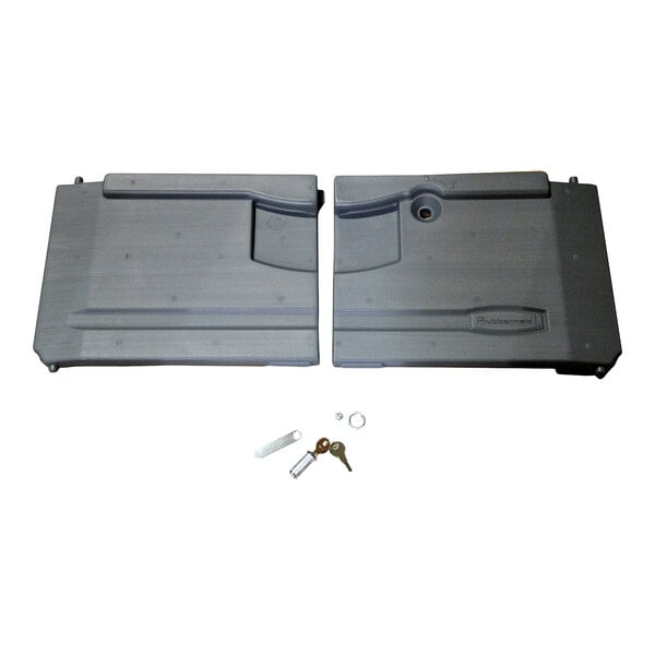 A gray Rubbermaid locking door kit with two panels and lock hardware for select Rubbermaid Xtra carts.