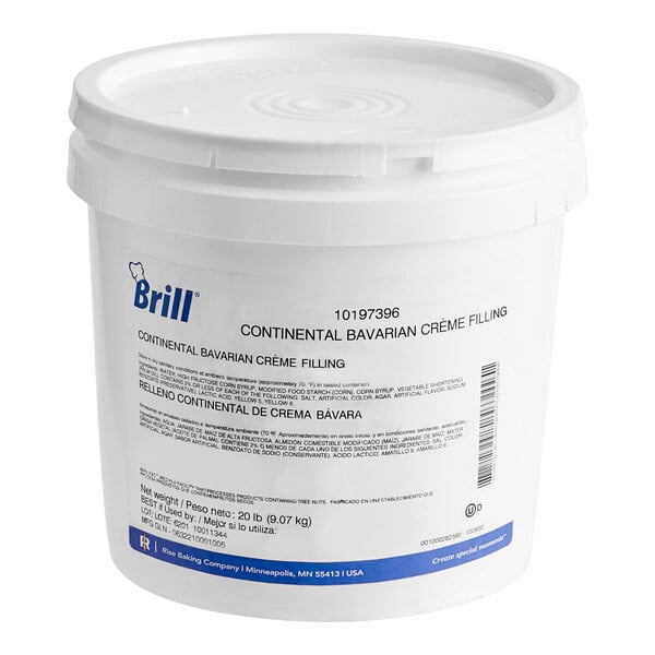 A 20-pound white plastic tub of Brill Continental Bavarian Crème Filling.