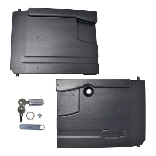 A Rubbermaid locking door kit with two black plastic panels, a lock, two keys, and mounting hardware for select Rubbermaid carts.