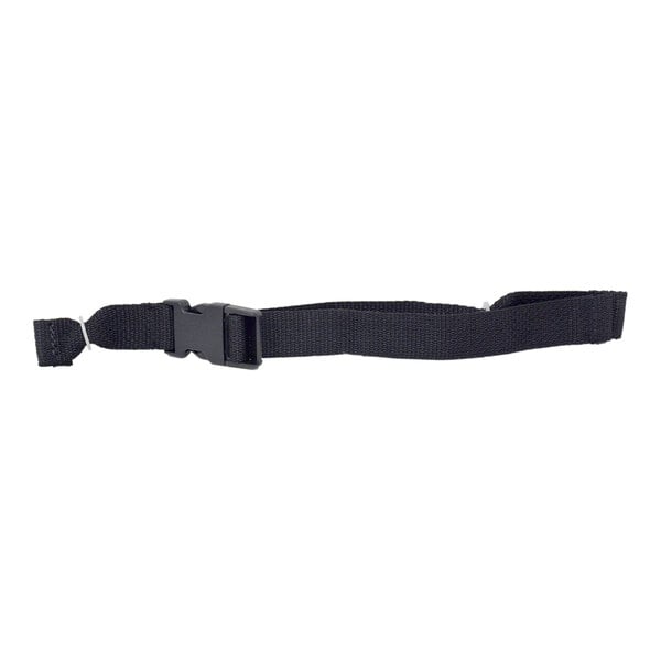 A black safety strap with a plastic buckle designed for use with Rubbermaid baby changing stations.