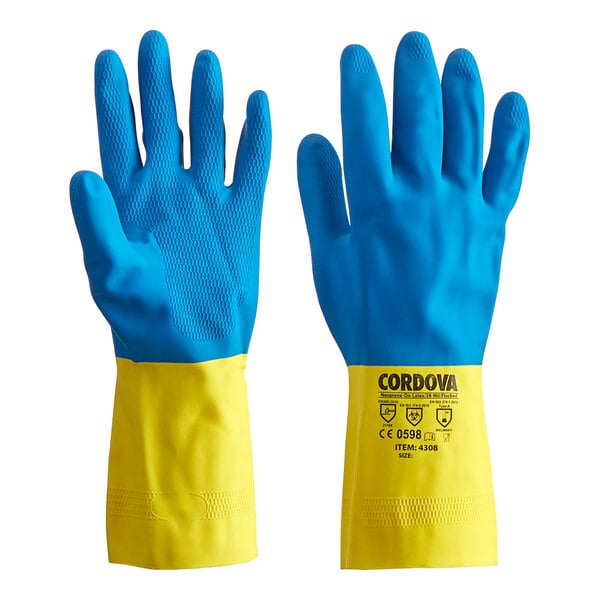 A pair of large blue and yellow neoprene and latex gloves with flock lining.