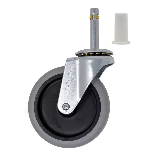 A 4-inch swivel stem caster with a gray rubber wheel and metal bracket, shown with a white plastic insert, designed for select Rubbermaid carts.