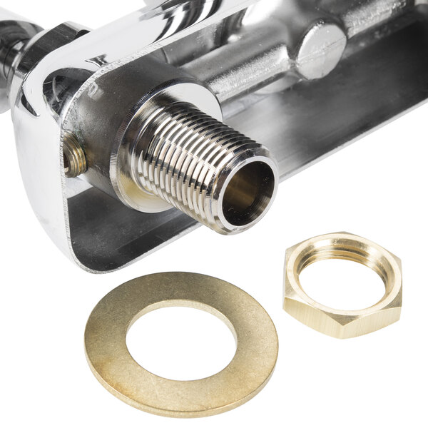 A close-up of a T&S stainless steel wall mount faucet tailpiece with nuts and washers.