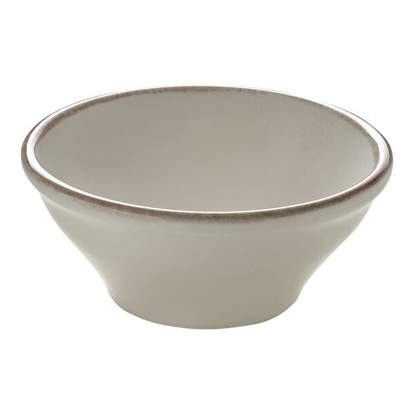 A white porcelain bowl with a brown rim.