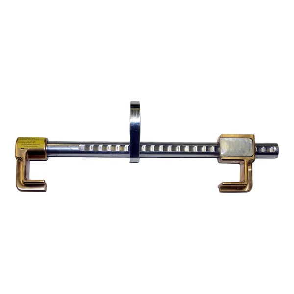 A metal fixed beam anchor with gold and silver components designed for safety harness attachment.