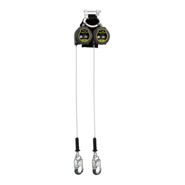 A twin personal fall limiter with two retractable lifelines and aluminum locking rebar hooks.