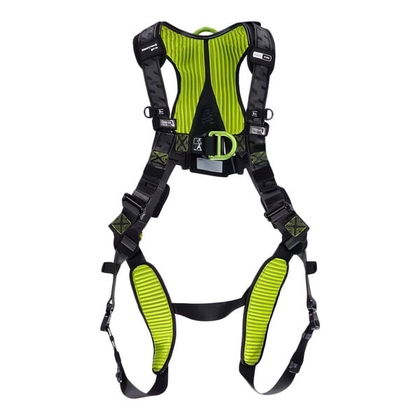 A green and black full-body safety harness with quick-connect buckles designed for industrial use.