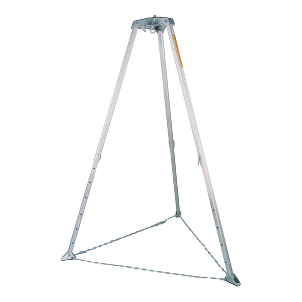 A 7-foot high-strength aluminum rescue tripod with three adjustable legs and stabilizing chains.