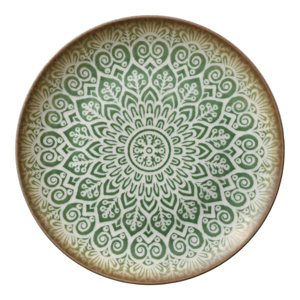 A round porcelain coupe plate with a green and white intricate mandala pattern.