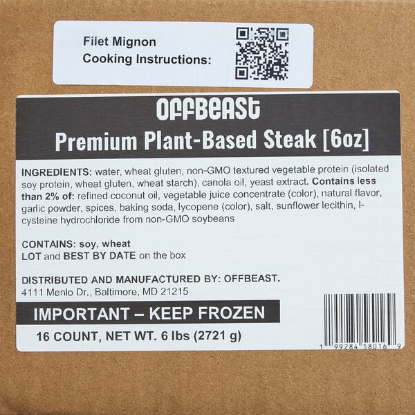 A case of Offbeast 6 oz. premium plant-based filet mignon steaks, containing 16 frozen servings.