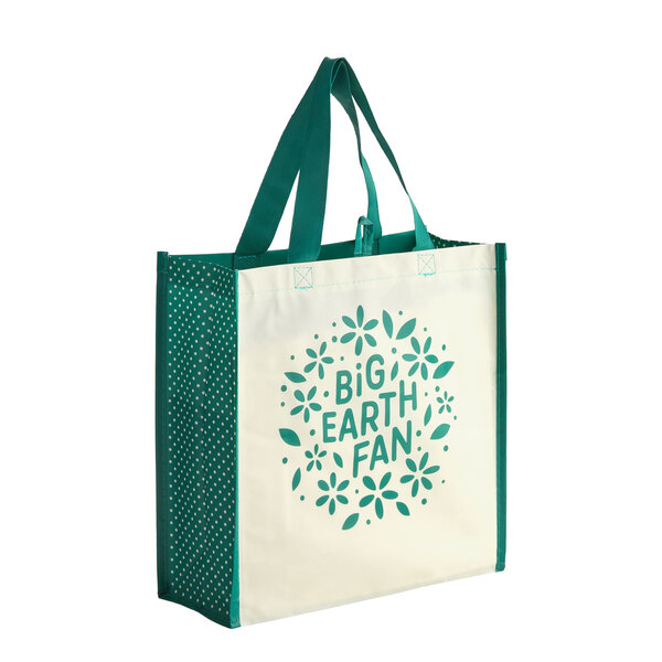 A reusable shopping bag with green handles and a 'Big Earth Fan' print on the front.