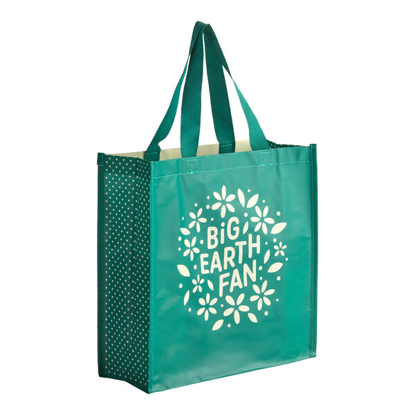 A teal reusable shopping bag with the words 'Big Earth Fan' and a floral design printed on the front.