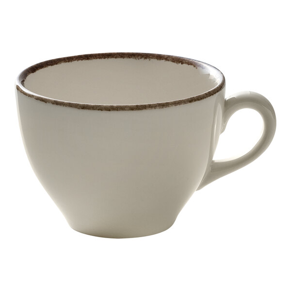 A white porcelain cup with a brown rim and a handle.