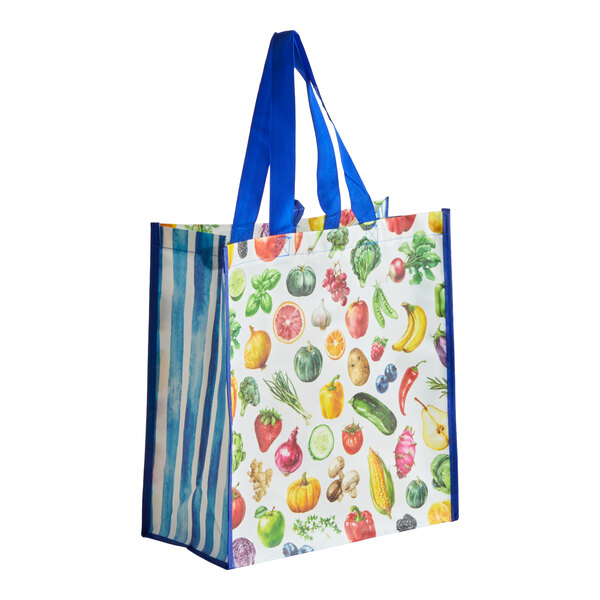 A reusable shopping bag with blue handles, featuring a colorful fruit and vegetable print on the front and blue vertical stripes on the side.