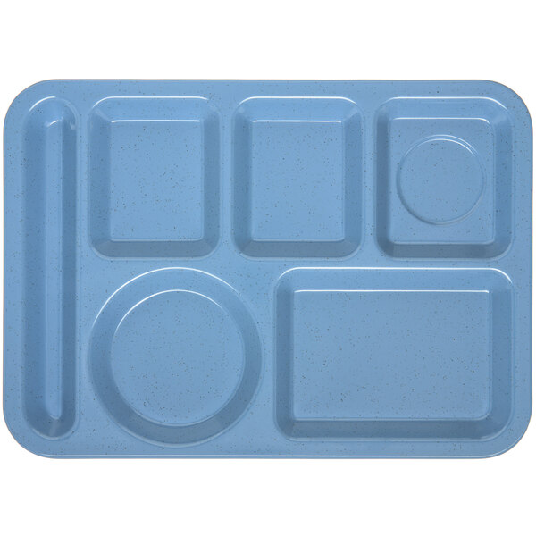 A blue Carlisle 6 compartment tray with 6 different shapes.