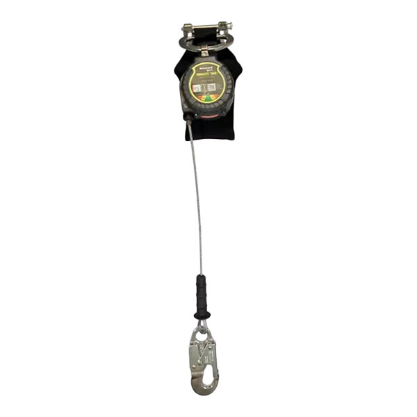 A personal fall limiter with a steel locking snap hook and retractable cable.