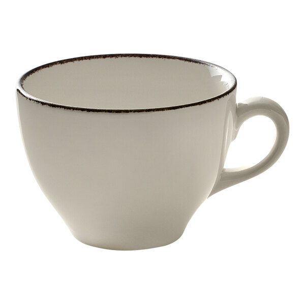 A white porcelain cup with a brown rim and a handle.