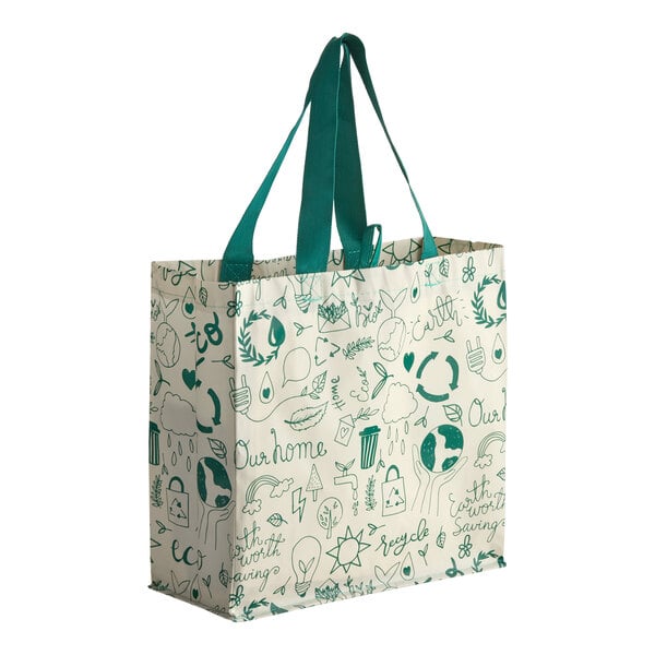 A small non-woven reusable shopping bag with green handles and an 'Our Home' eco-friendly print.