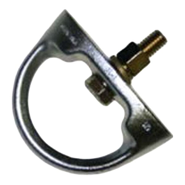 A metal D-bolt permanent anchorage connector with a threaded bolt and nut, used for safety harness attachment.