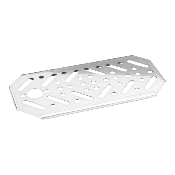 A metal false bottom designed for a 1/3 pan with multiple holes and slots for drainage.
