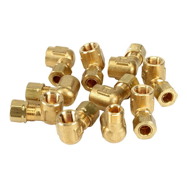 A set of brass elbow pipe fittings, sold in a case of ten.
