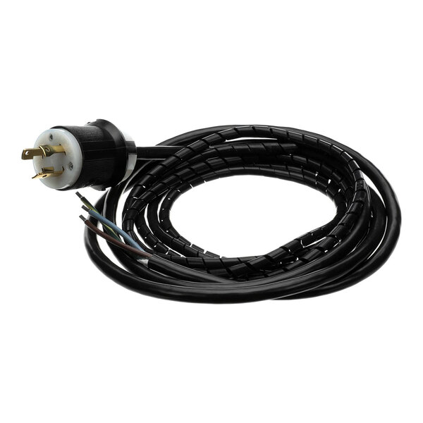 A black power cord kit with a three-prong plug and exposed wire ends.