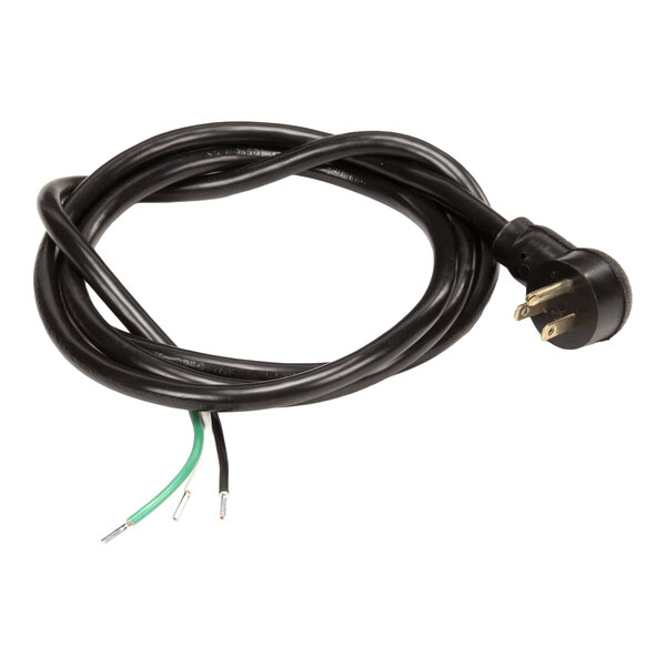 A right angle power cord kit with a three-prong plug on one end and three stripped wires on the other end.