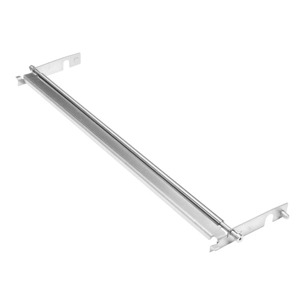 A metal scraper assembly with a long rod and mounting brackets on each end.