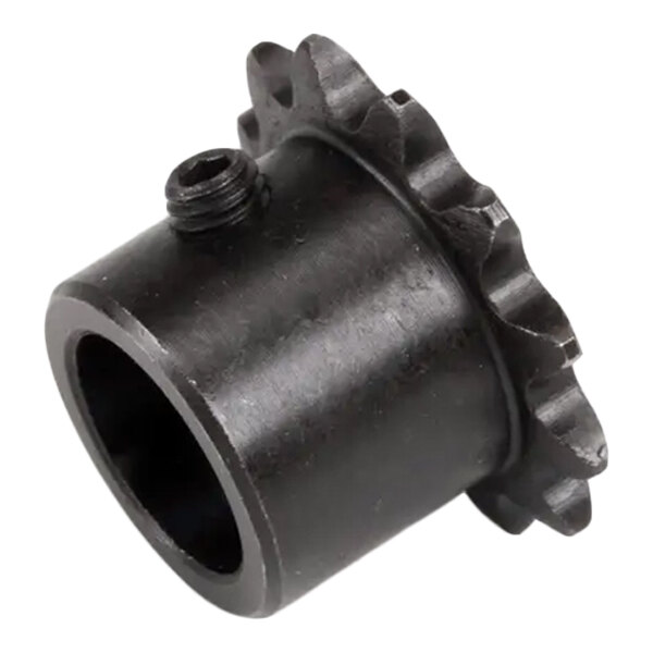 A small black metal sprocket with a cylindrical hub and a set screw.