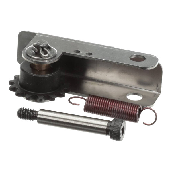 A drive chain tensioner kit with a metal bracket, sprocket, spring, and bolt.