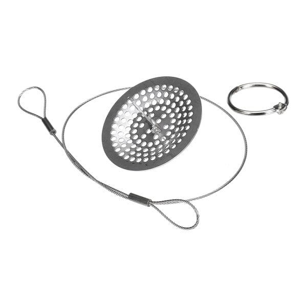 A metal drain cover assembly kit with a perforated round cover, wire cable, and key ring.