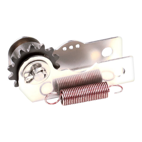 A metal drive chain tensioner with a gear and spring mechanism.