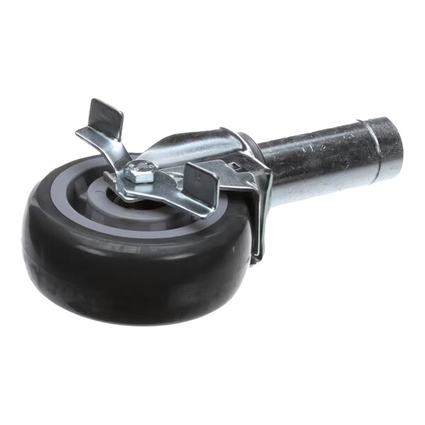 An adjustable caster wheel with a brake attachment.