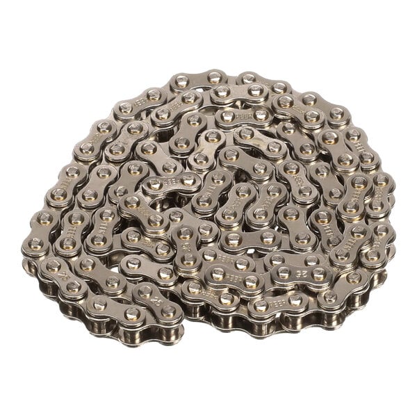 A coiled metal drive chain for mechanical equipment.