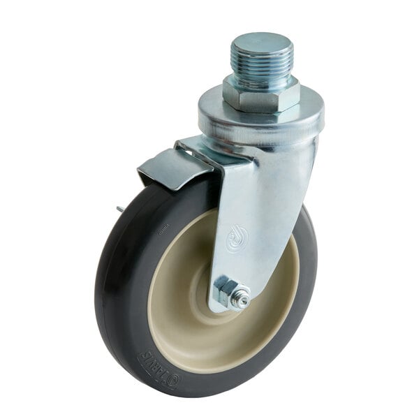 A single swivel caster wheel with a metal mounting stem and a brake mechanism, featuring a black rubber-like tire and a beige hub.