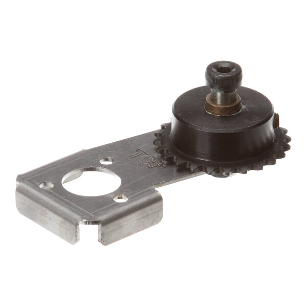 An Antunes 7001160 idler sprocket assembly kit with a metal bracket and a black sprocket wheel.