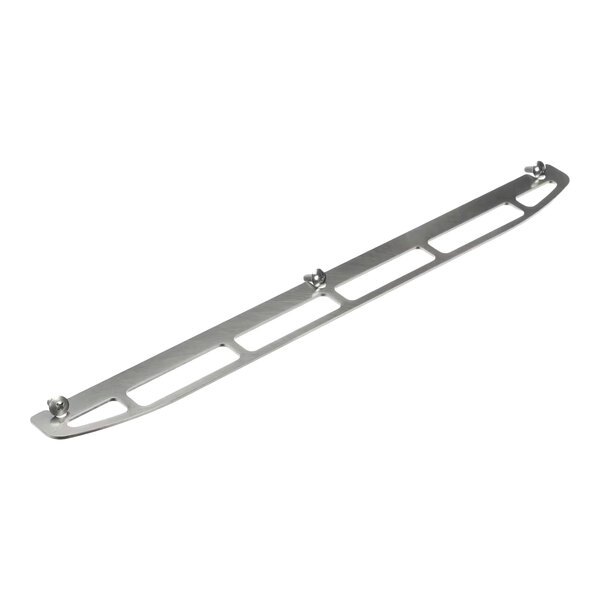 A metal bun stop kit with cut-out sections and mounting screws.