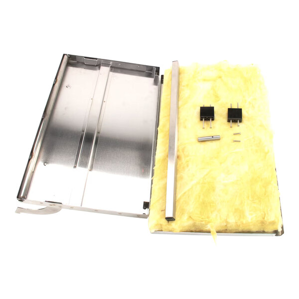 An assembly kit for a Southbend oven door, including a metal panel, insulation, and hardware components.