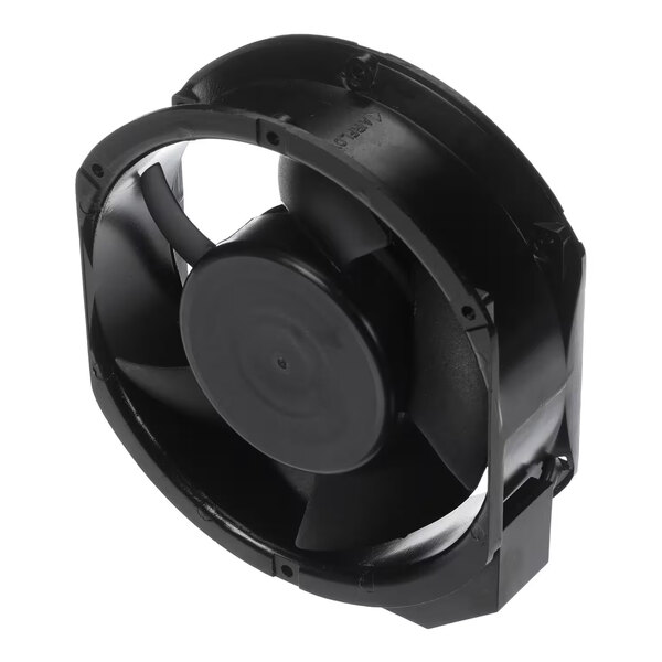 A black circular cooling fan for electronic or industrial equipment.