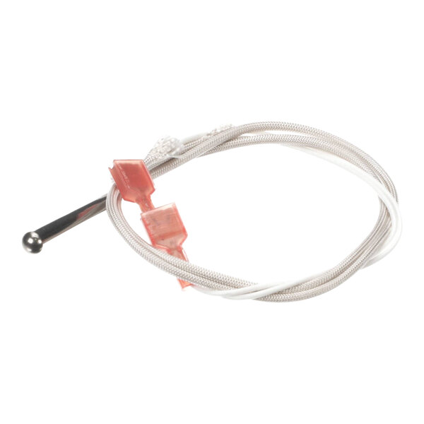 A thermistor probe with a metal tip and insulated wiring, used for temperature measurement.