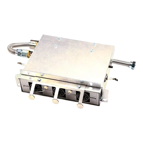 A metal burner assembly for a commercial oven, featuring control levers and gas connections.