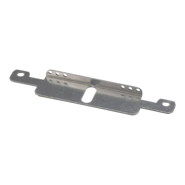 A metal bracket assembly kit with multiple holes and a central slot.