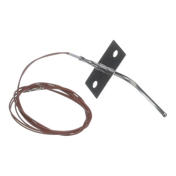 A metal thermostat probe with an attached mounting plate and a long brown wire.