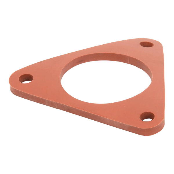 A triangular red rubber gasket with a large central hole and three smaller holes near the corners.