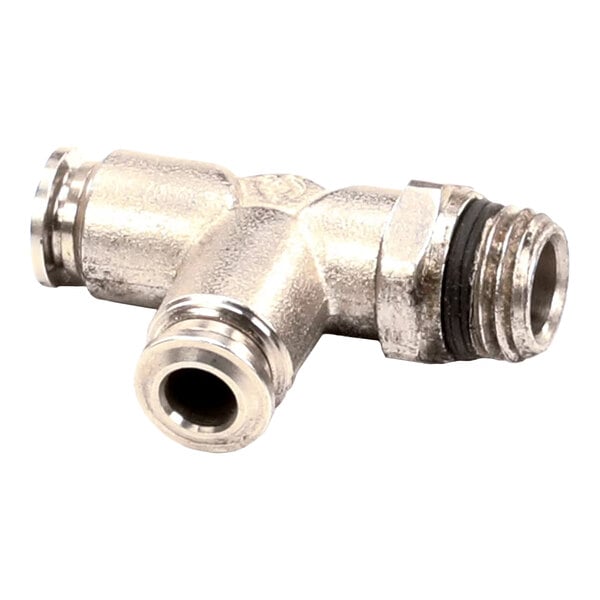 A metal T-shaped pipe fitting with threaded and push-to-connect ends.