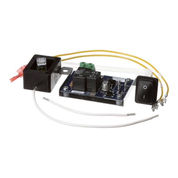 A relay board kit with attached wires, a switch, and electronic components.