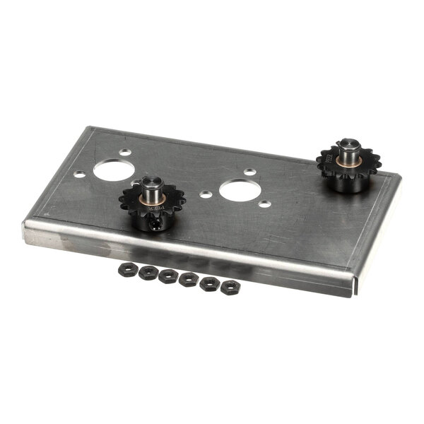 An Antunes 7001462 idler sprocket assembly kit with a metal plate, two sprockets, and several small hardware pieces.